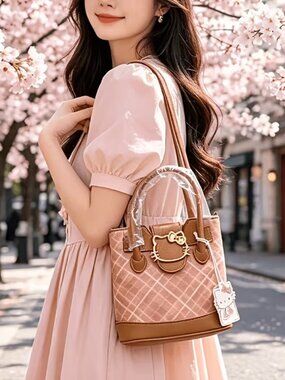 Hello Kitty Pink Quilted Tote with Brown Trim and Gold Emblem So Nice Cute